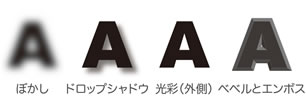 「ドロップシャドウ」や「ぼかし」、「光彩」、のような「効果」にも透明機能が使われています。