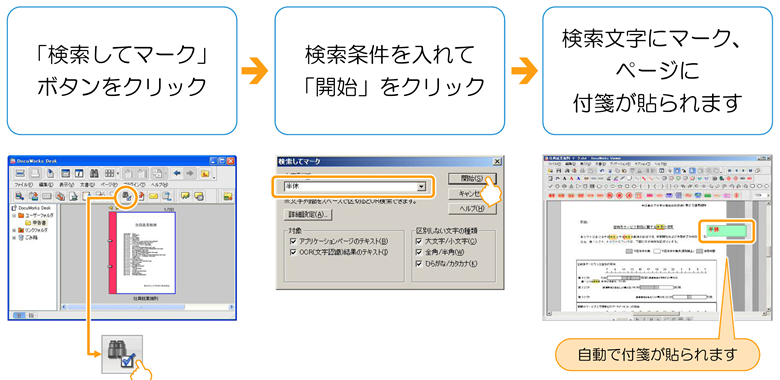 検索条件を入れて「開始」をクリック、検索文字にマーク、
ページに付箋が貼られます。自動で付箋が貼られます